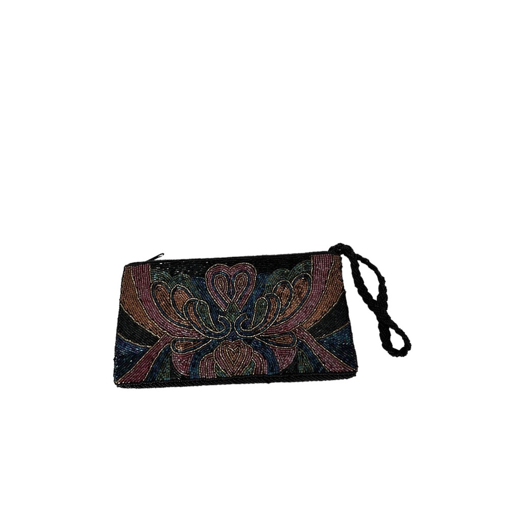 Vintage 1980s Hand beaded black multi‎ color wristlet clutch